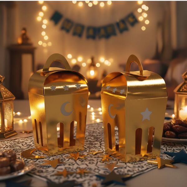 Ramazan Temalı Dekoratif Fener Kutusu, Ay Yıldız Kesim Hediyelik Kutu Seti, Altın, 6x9 Cm - 6 Adet