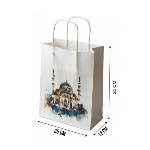 Ramazan Hediyelik Paketleme Çantası, 3 Adet, Cami Tasarımlı Kağıt Çanta Seti, 12x25x31 Cm, Beyaz