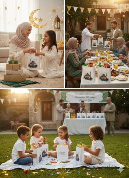 Ramazan Hediyelik Paketleme Çantası, 3 Adet, Cami Tasarımlı Kağıt Çanta Seti, 12x25x31 Cm, Beyaz