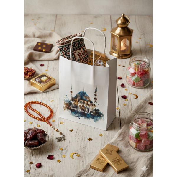 Ramazan Hediyelik Paketleme Çantası, 3 Adet, Cami Tasarımlı Kağıt Çanta Seti, 12x25x31 Cm, Beyaz