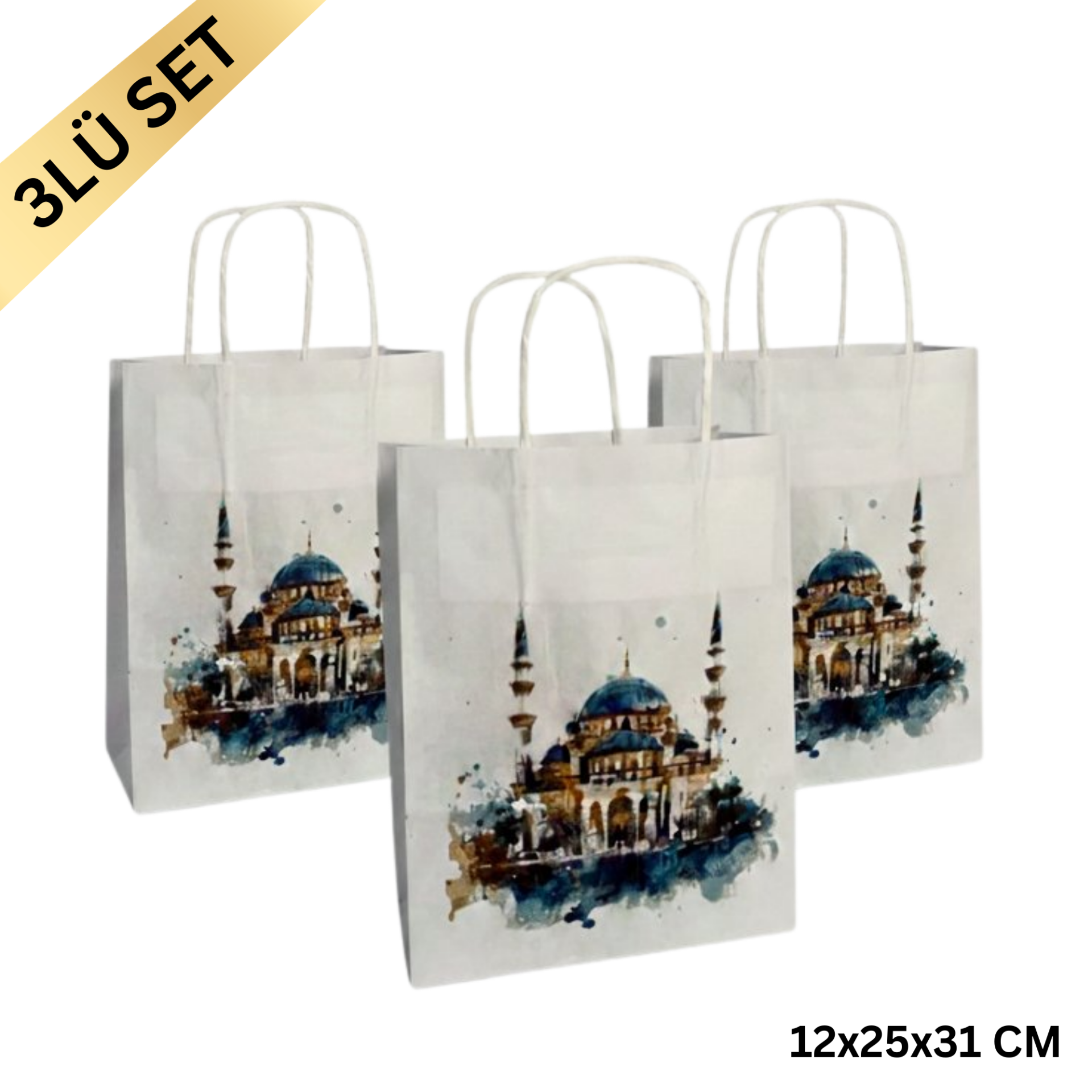 Ramazan Hediyelik Paketleme Çantası, 3 Adet, Cami Tasarımlı Kağıt Çanta Seti, 12x25x31 Cm, Beyaz