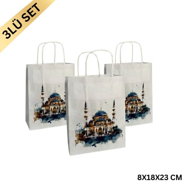 Ramazan Hediyelik Paketleme Çantası, 3lü Paket, Cami Tasarımlı Beyaz Kağıt Çanta Seti, 8x18x23 Cm