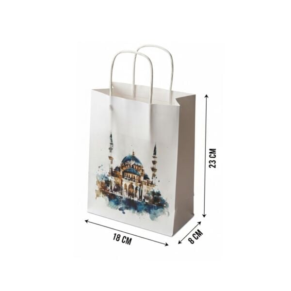 Ramazan Hediyelik Paketleme Çantası, 3lü Paket, Cami Tasarımlı Beyaz Kağıt Çanta Seti, 8x18x23 Cm