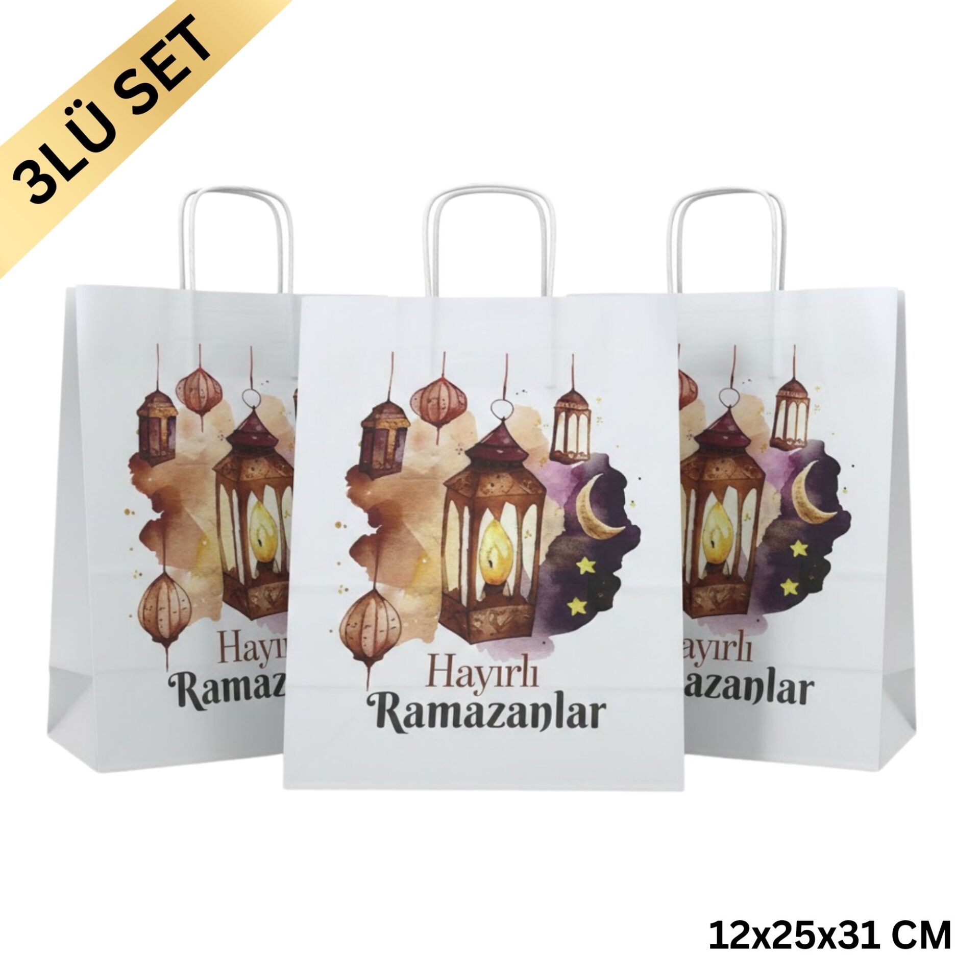 Ramazan Hediyelik Paketleme Çantası, 3lü Paket, Kandil Temalı Beyaz Kağıt Çanta Seti, 12x25x31 Cm