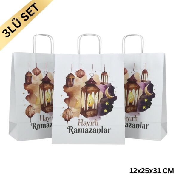 Ramazan Hediyelik Paketleme Çantası, 3lü Paket, Kandil Temalı Beyaz Kağıt Çanta Seti, 12x25x31 Cm