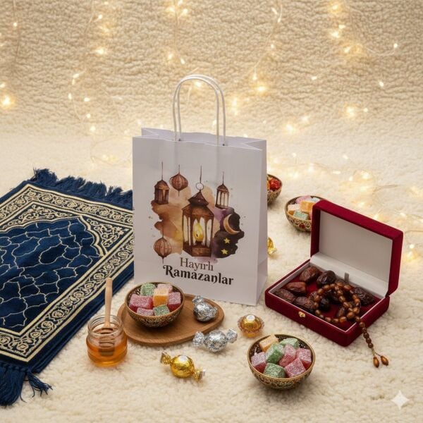 Ramazan Hediyelik Paketleme Çantası, 3lü Paket, Kandil Temalı Beyaz Kağıt Çanta Seti, 12x25x31 Cm