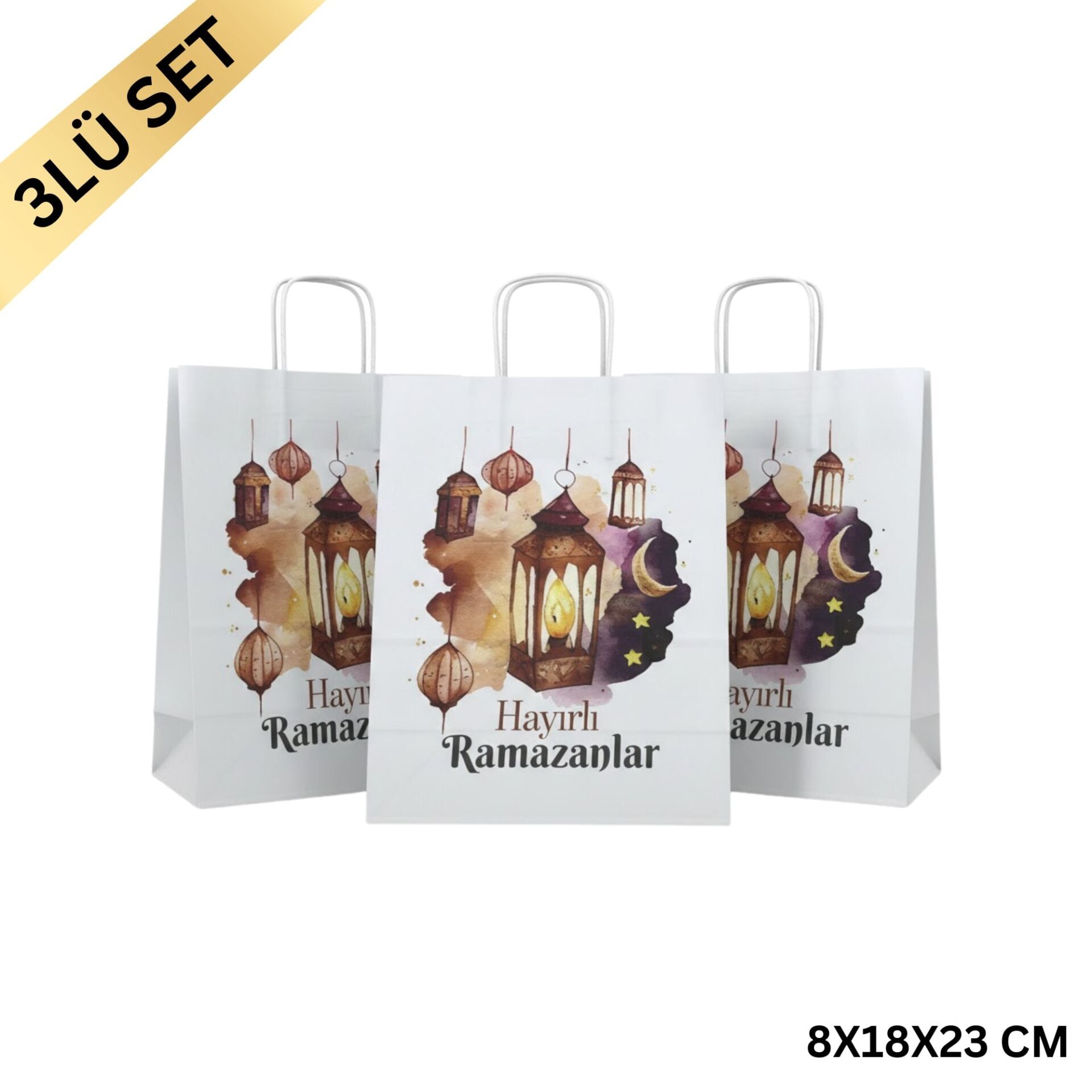Ramazan Hediyelik Paketleme Çantası, 3lü Paket, Kandil Temalı Kağıt Çanta Seti, 8x18x23 Cm, Beyaz