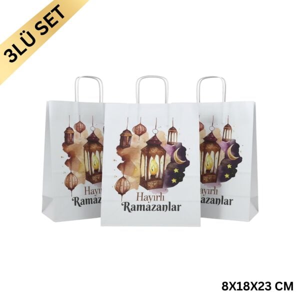 Ramazan Hediyelik Paketleme Çantası, 3lü Paket, Kandil Temalı Kağıt Çanta Seti, 8x18x23 Cm, Beyaz