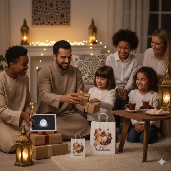 Ramazan Hediyelik Paketleme Çantası, 3lü Paket, Kandil Temalı Kağıt Çanta Seti, 8x18x23 Cm, Beyaz