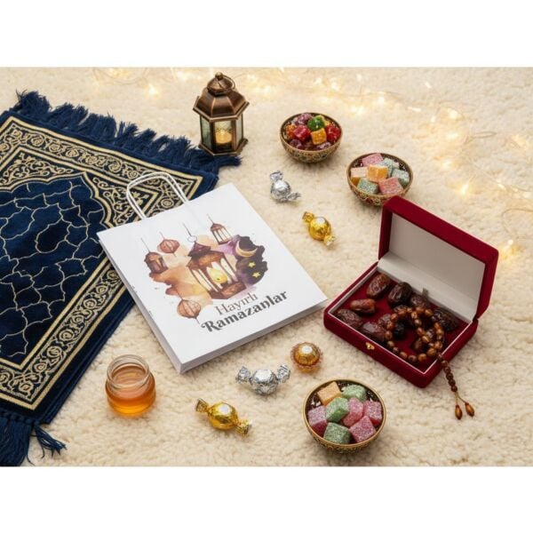 Ramazan Hediyelik Paketleme Çantası, 3lü Paket, Kandil Temalı Kağıt Çanta Seti, 8x18x23 Cm, Beyaz