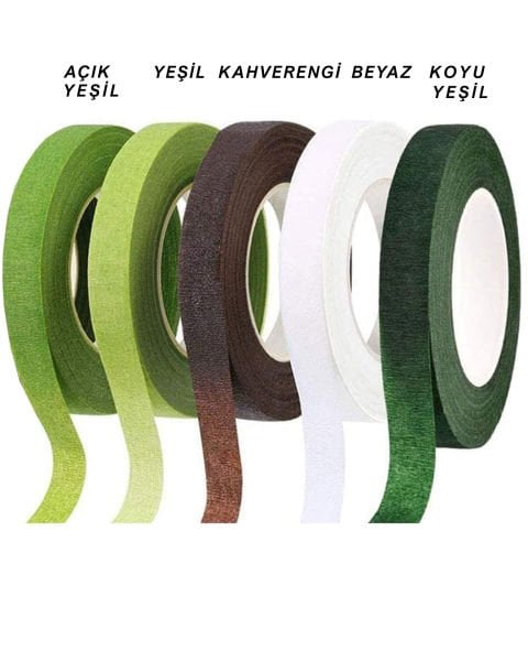 Yapışkanlı Çiçek Bandı - 5 Adet - Beyaz, Kahverengi, Yeşil, Koyu Yeşil, Açık Yeşil