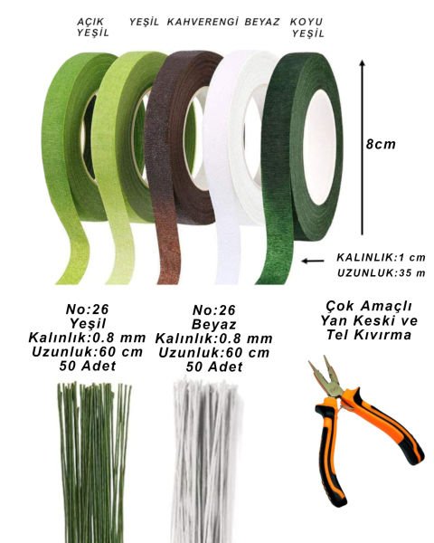 5 Renk Yapışkanlı Çiçek Bandı Seti - 100 Adet Çiçek Teli 0.8 Mm - Tel Kıvırma Pensesi
