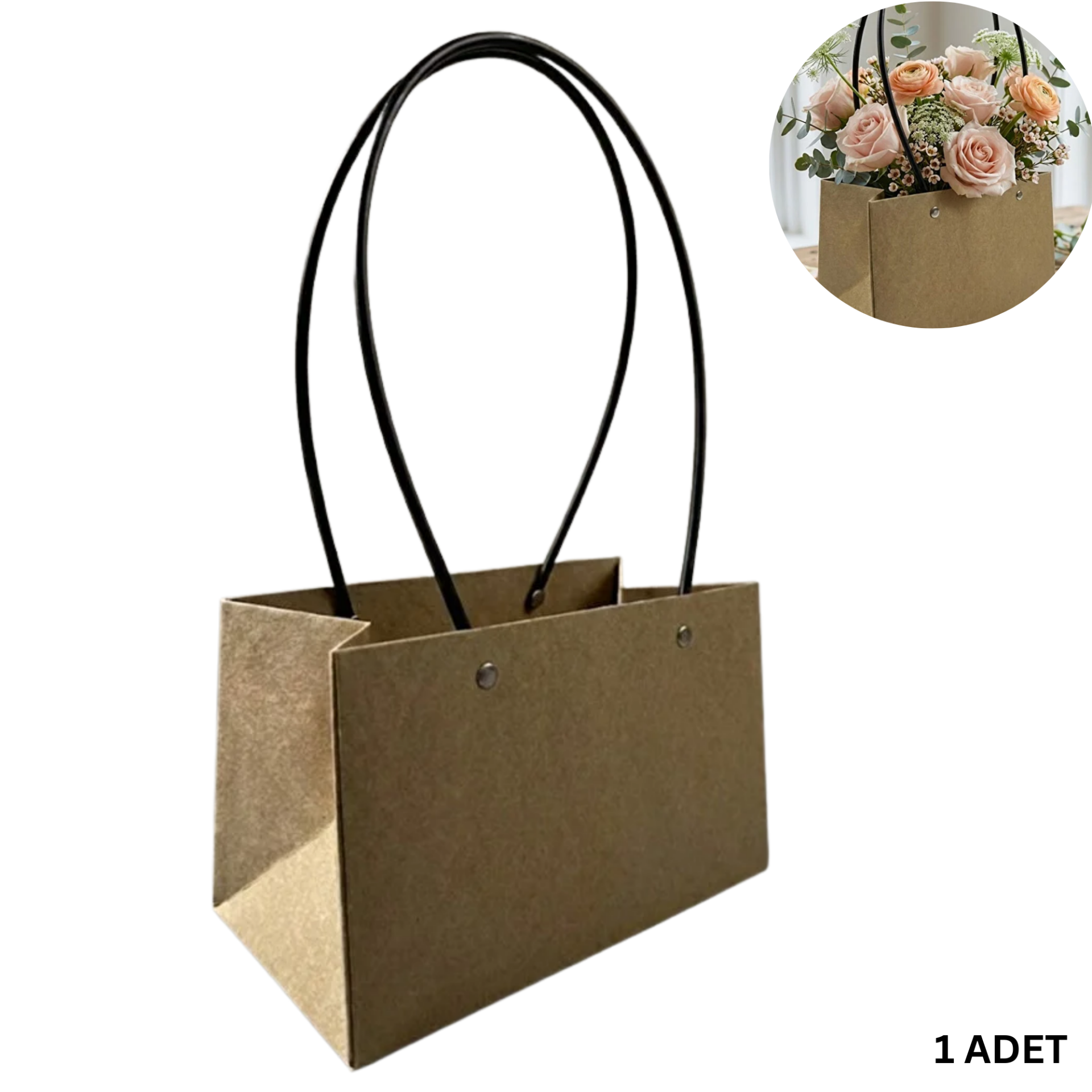 Kraft Çiçek Çantası, Su Geçirmez Plastik Saplı Hediye ve Saksı Taşıma Çantası, 11.5x21x13 Cm, 1 Adet