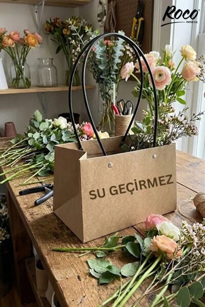 Kraft Çiçek Çantası, Su Geçirmez Plastik Saplı Hediye ve Saksı Taşıma Çantası, 11.5x21x13 Cm, 1 Adet