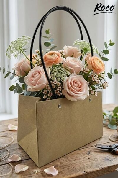 Kraft Çiçek Çantası, Su Geçirmez Plastik Saplı Hediye ve Saksı Taşıma Çantası, 11.5x21x13 Cm, 1 Adet