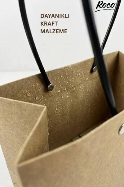 Kraft Çiçek Çantası, Su Geçirmez Plastik Saplı Hediye ve Saksı Taşıma Çantası, 11.5x21x13 Cm, 1 Adet