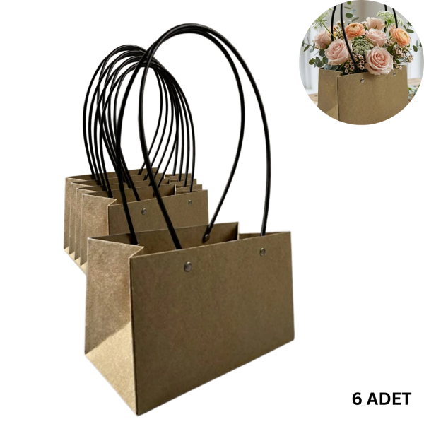 Kraft Çiçek Çantası, Su Geçirmez Plastik Saplı Hediye ve Saksı Taşıma Çantası, 11.5x21x13 Cm, 6 Adet