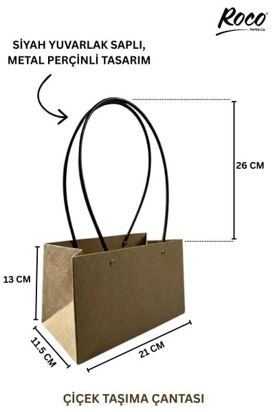 Kraft Çiçek Çantası, Su Geçirmez Plastik Saplı Hediye ve Saksı Taşıma Çantası, 11.5x21x13 Cm, 6 Adet