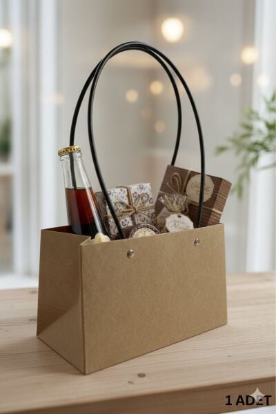 Kraft Çiçek Çantası, Su Geçirmez Plastik Saplı Hediye ve Saksı Taşıma Çantası, 11.5x21x13 Cm, 6 Adet