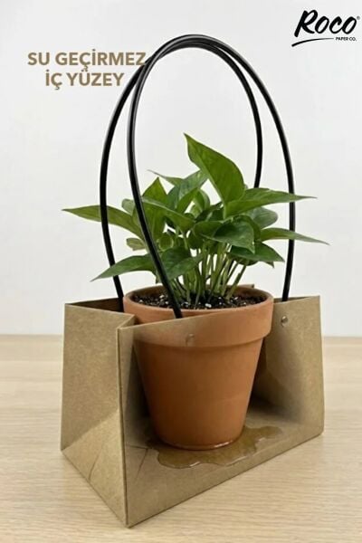 Kraft Çiçek Çantası, Su Geçirmez Plastik Saplı Hediye ve Saksı Taşıma Çantası, 11.5x21x13 Cm, 6 Adet