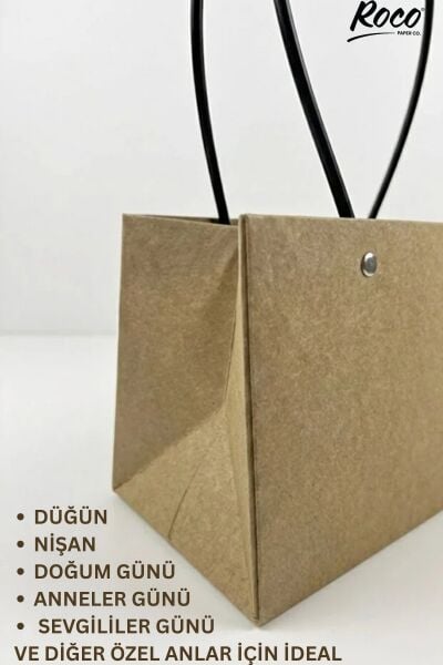 Kraft Çiçek Çantası, Su Geçirmez Plastik Saplı Hediye ve Saksı Taşıma Çantası, 11.5x21x13 Cm, 6 Adet