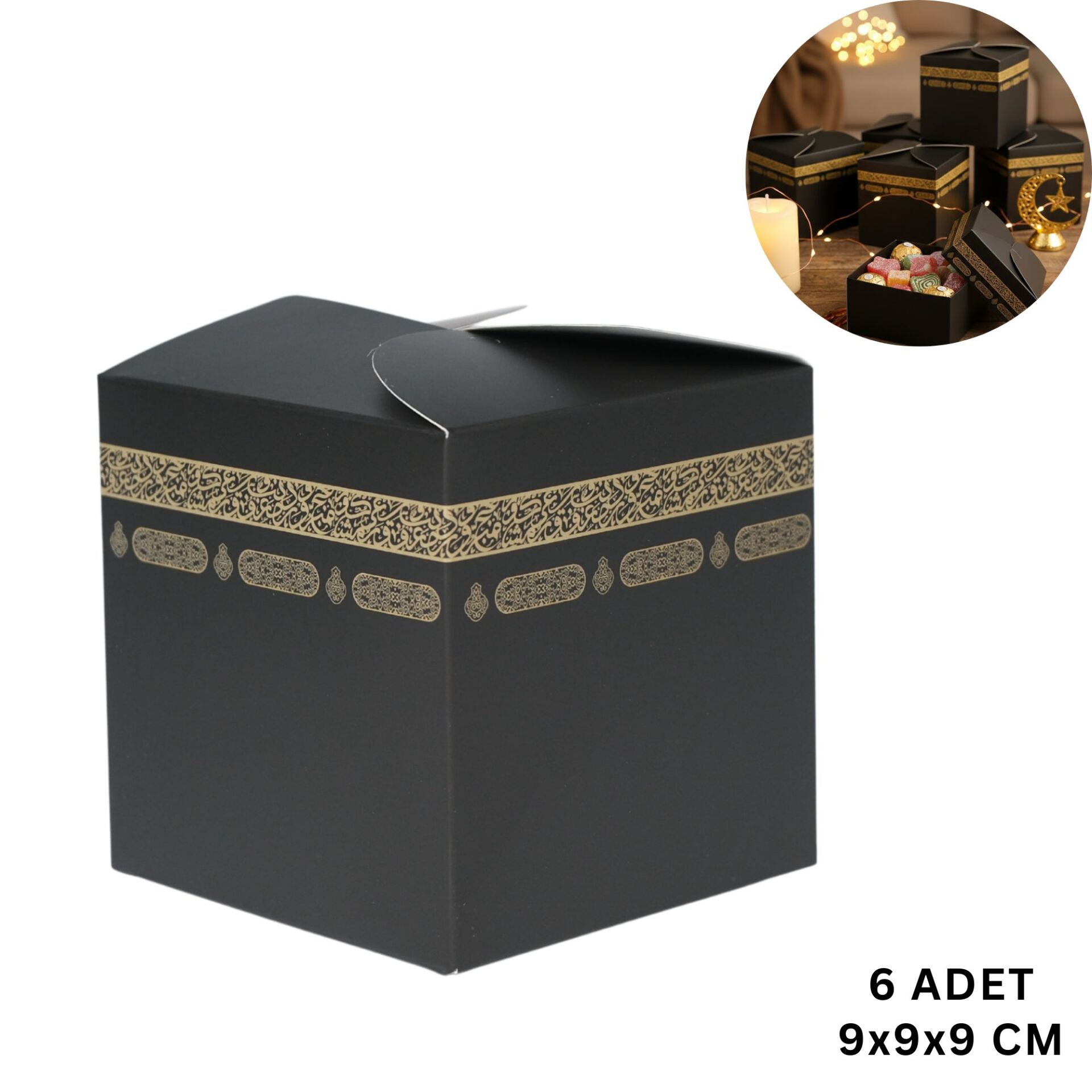 Ramazan ve Bayram İçin Kabe Şekilli Hediyelik Kutu - Mevlid ve İftar İkram Kutusu, 9x9x9 Cm, 6 Adet