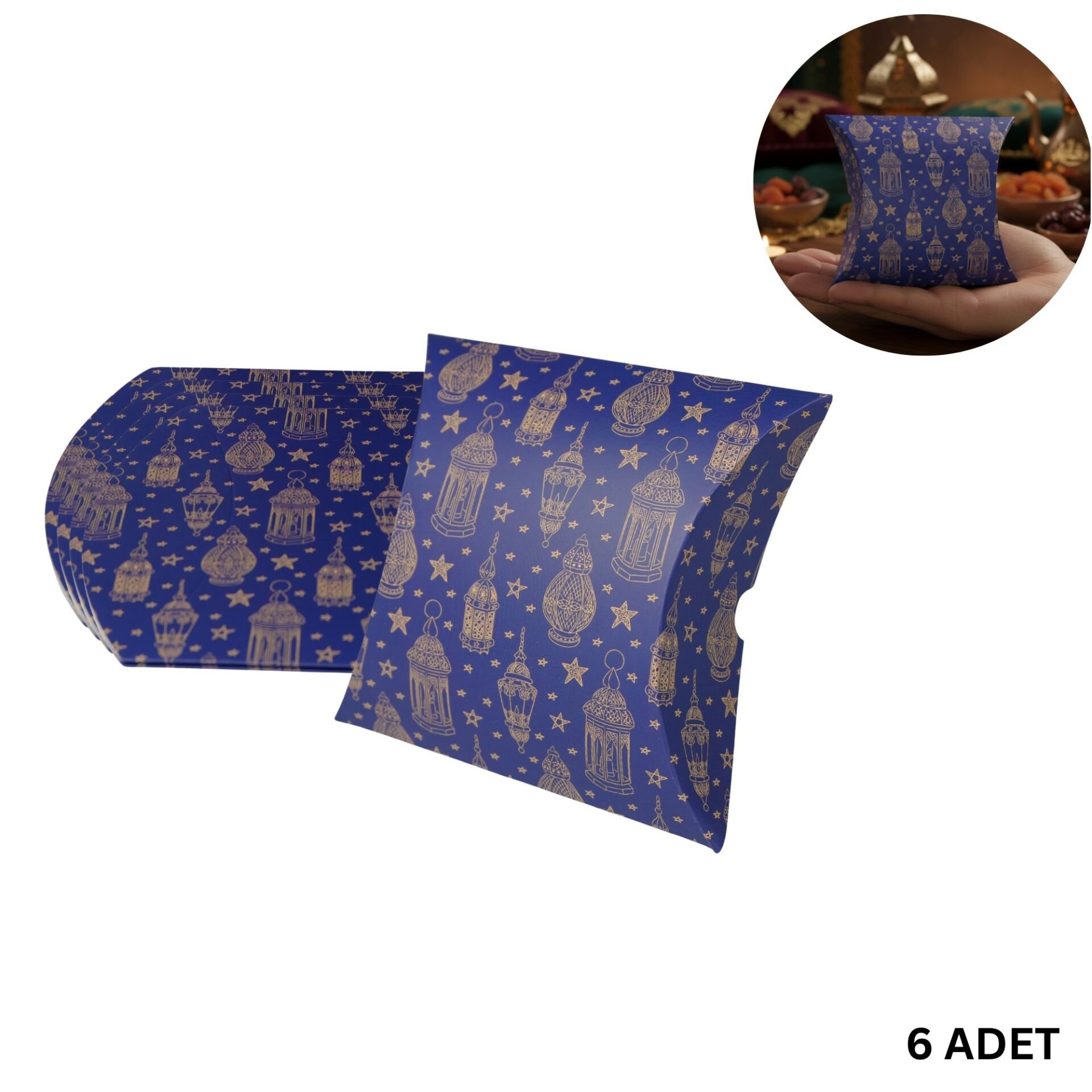 Ramazan Desenli Karton Hediye Kutusu Bayram Hediyelik, Şeker, Yastık Kutu, 20x15x5 cm, 6 Adet