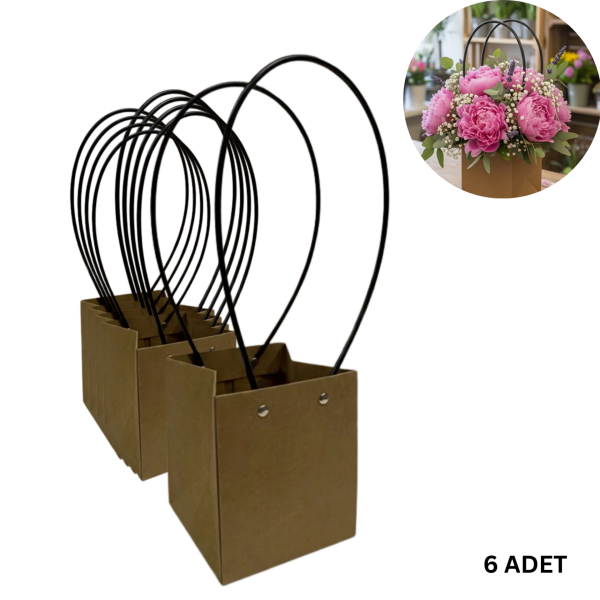 Kraft Çiçek Çantası, Su Geçirmez Plastik Saplı Hediye ve Saksı Taşıma Çantası, 12.5x13x15 Cm, 6 Adet