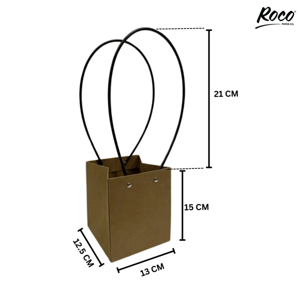Kraft Çiçek Çantası, Su Geçirmez Plastik Saplı Hediye ve Saksı Taşıma Çantası, 12.5x13x15 Cm, 6 Adet