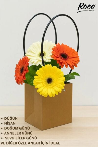 Kraft Çiçek Çantası, Su Geçirmez Plastik Saplı Hediye ve Saksı Taşıma Çantası, 12.5x13x15 Cm, 6 Adet