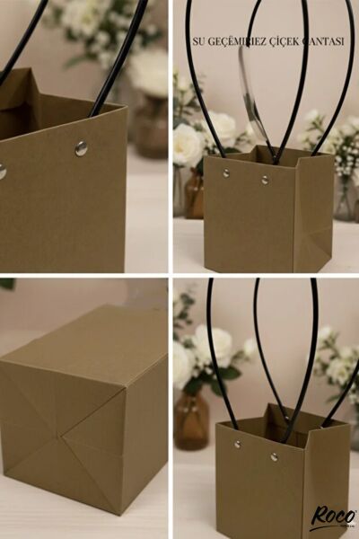 Kraft Çiçek Çantası, Su Geçirmez Plastik Saplı Hediye ve Saksı Taşıma Çantası, 12.5x13x15 Cm, 6 Adet