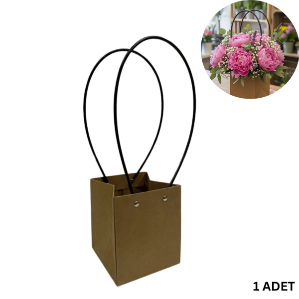 Kraft Çiçek Çantası, Su Geçirmez Plastik Saplı Hediye ve Saksı Taşıma Çantası, 12.5x13x15 Cm, 1 Adet