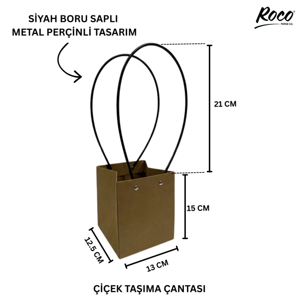 Kraft Çiçek Çantası, Su Geçirmez Plastik Saplı Hediye ve Saksı Taşıma Çantası, 12.5x13x15 Cm, 1 Adet