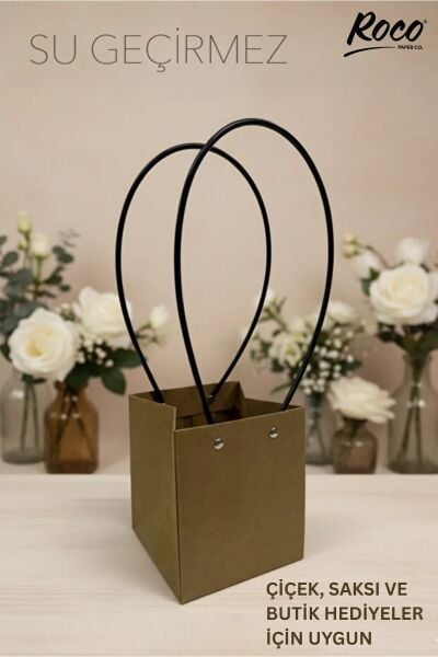 Kraft Çiçek Çantası, Su Geçirmez Plastik Saplı Hediye ve Saksı Taşıma Çantası, 12.5x13x15 Cm, 1 Adet