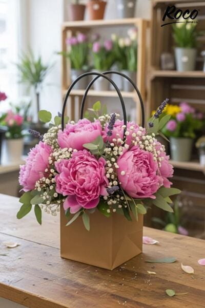 Kraft Çiçek Çantası, Su Geçirmez Plastik Saplı Hediye ve Saksı Taşıma Çantası, 12.5x13x15 Cm, 1 Adet