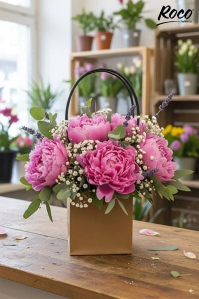 Kraft Çiçek Çantası, Su Geçirmez Plastik Saplı Hediye ve Saksı Taşıma Çantası, 12.5x13x15 Cm, 1 Adet