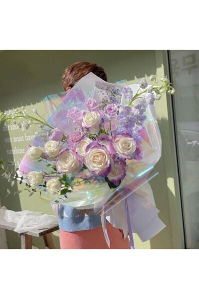 Yanardöner Jelatin Ambalaj Kağıdı, 57x57cm,Gökkuşağı Efektli Çiçek ve Hediye Paketleme Kağıdı,5Adet