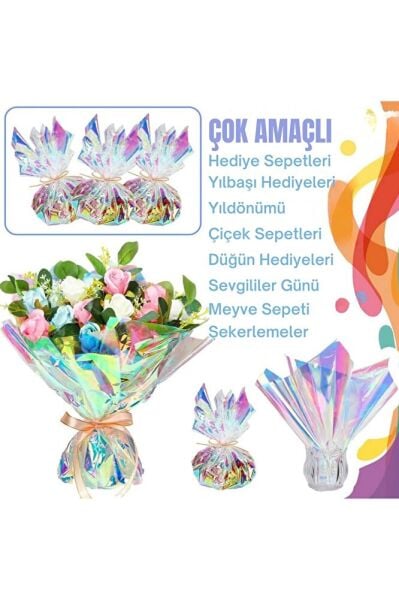 Yanardöner Jelatin Ambalaj Kağıdı, 57x57cm,Gökkuşağı Efektli Çiçek ve Hediye Paketleme Kağıdı,5Adet