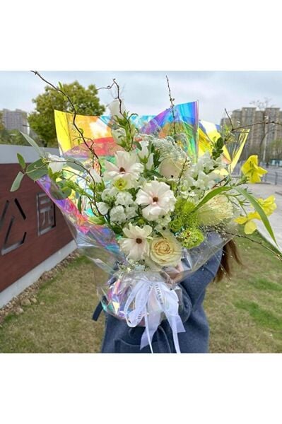 Yanardöner Jelatin Ambalaj Kağıdı, 57x57cm,Gökkuşağı Efektli Çiçek ve Hediye Paketleme Kağıdı,5Adet