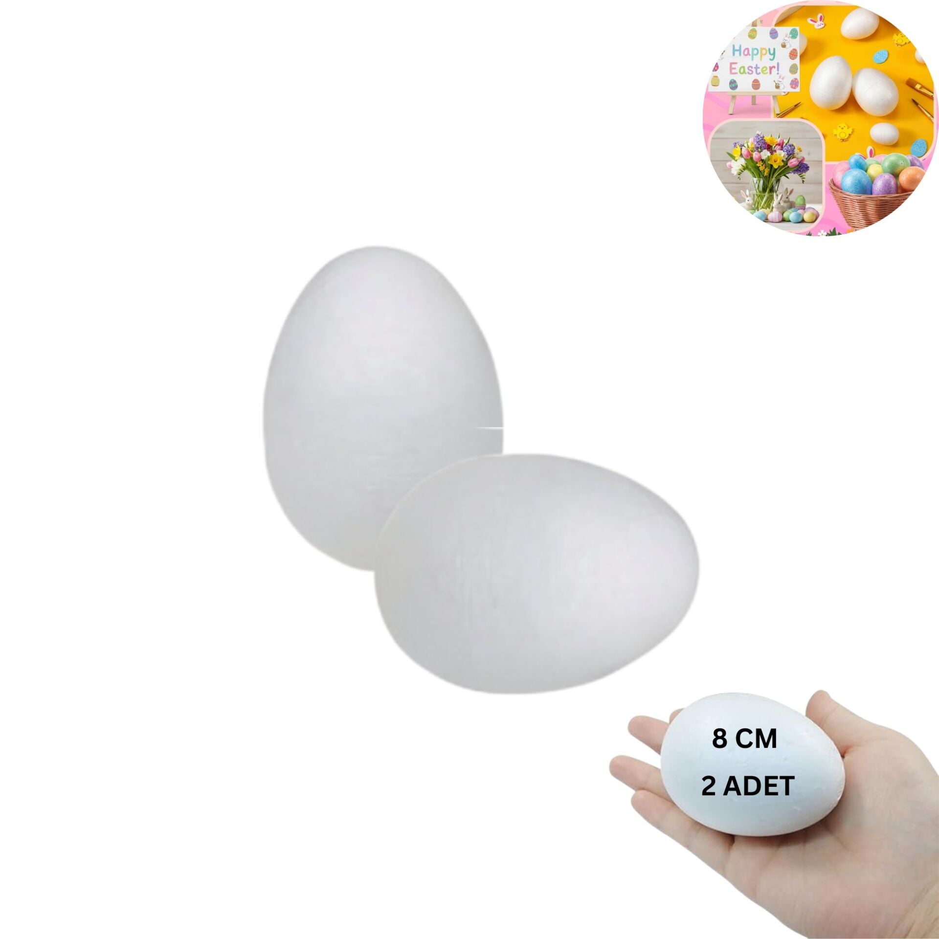 2'li Paskalya Strafor Yumurta Seti, Hobi, Boyama ve Süsleme Malzemesi, Boyanabilir Köpükler  8x6 Cm
