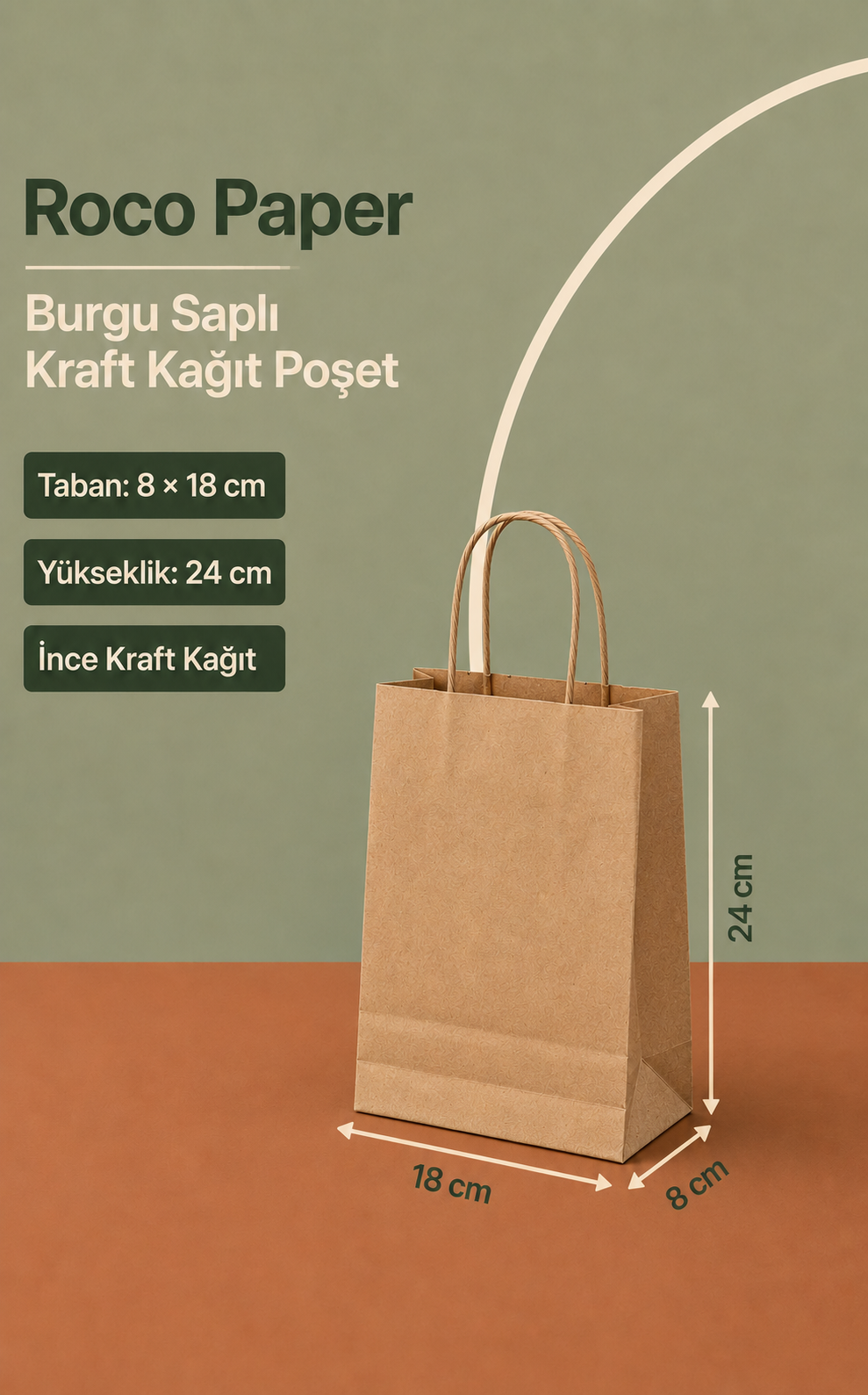 Kraft Kağıt Alışveriş, Hediye Çantası, Poşet Çanta, 8x18x24 cm (25'li Paket) Büküm Saplı Küçük Boy