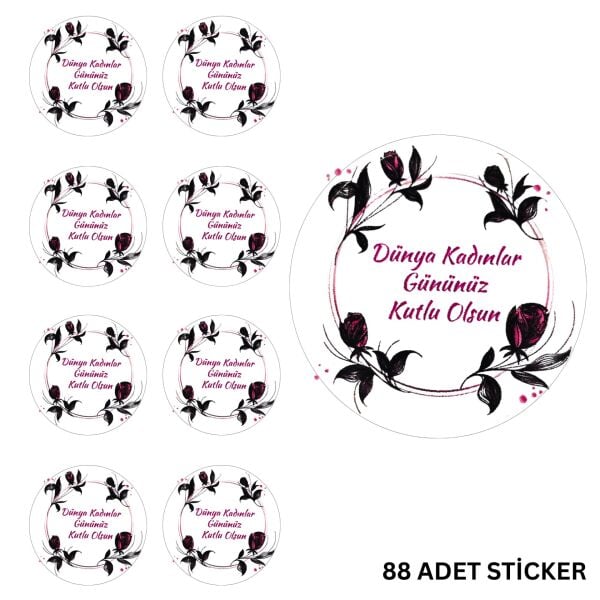 Kadınlar Gününüz Kutlu Olsun Sticker Seti - 88 Adet, Hediye Paketi Etiketi, 3.5 Cm, Yuvarlak