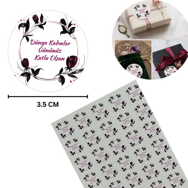 Kadınlar Gününüz Kutlu Olsun Sticker Seti - 88 Adet, Hediye Paketi Etiketi, 3.5 Cm, Yuvarlak