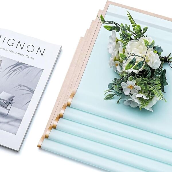 Çiçek Buket Kağıdı, Altın Kenarlı Çiçek Ambalaj Kağıdı, Mat OPP 58x58 cm - 20 Adet, Bulut Mavisi