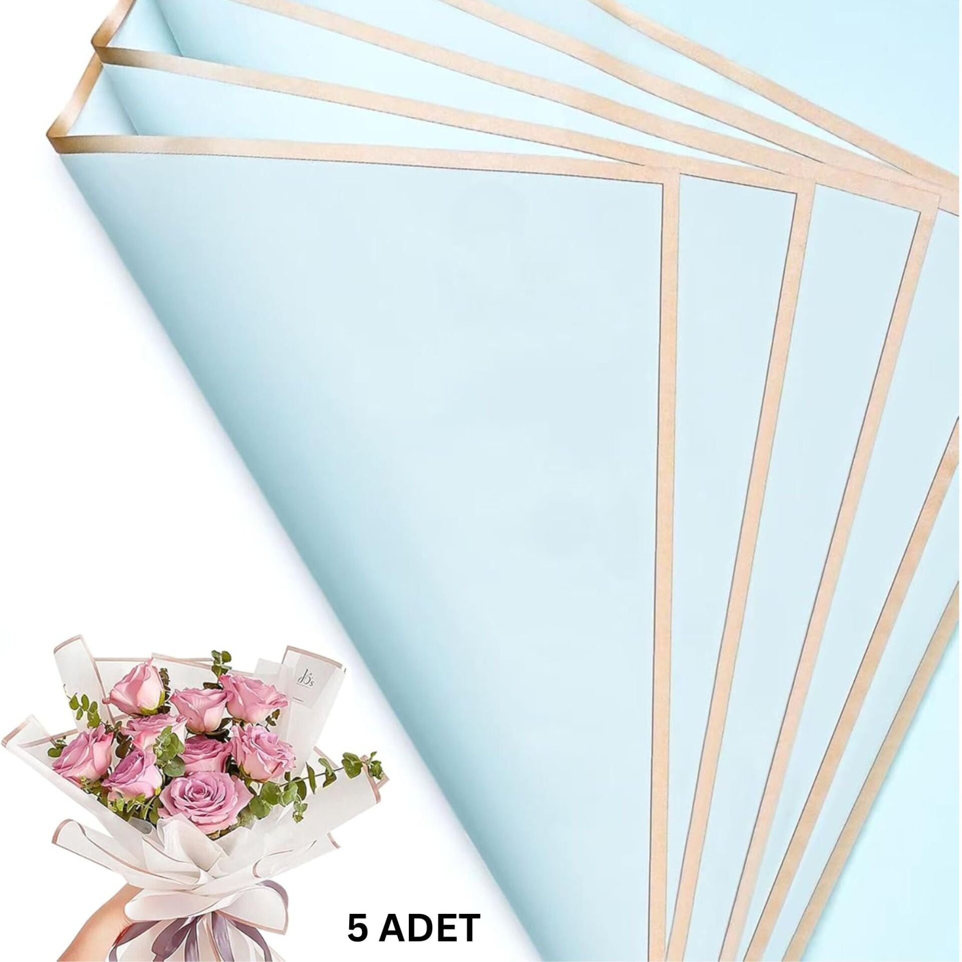 Çiçek Buket Kağıdı, Altın Kenarlı Çiçek Ambalaj Kağıdı, Mat OPP 58x58 cm - 5 Adet, Bulut Mavisi