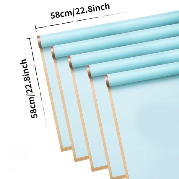 Çiçek Buket Kağıdı, Altın Kenarlı Çiçek Ambalaj Kağıdı, Mat OPP 58x58 cm - 5 Adet, Bulut Mavisi