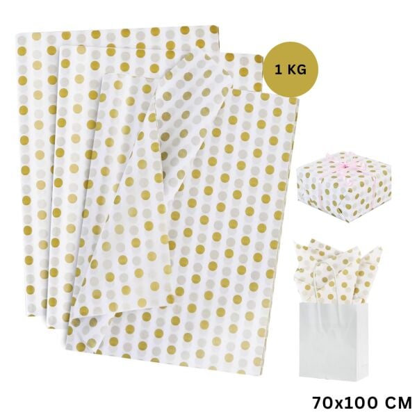 Altın Puantiyeli Pelur Kağıt, Dekoratif Hediye Paketleme ve Ambalaj Kağıdı 70x100 cm 1 Kg ~ 65 Adet