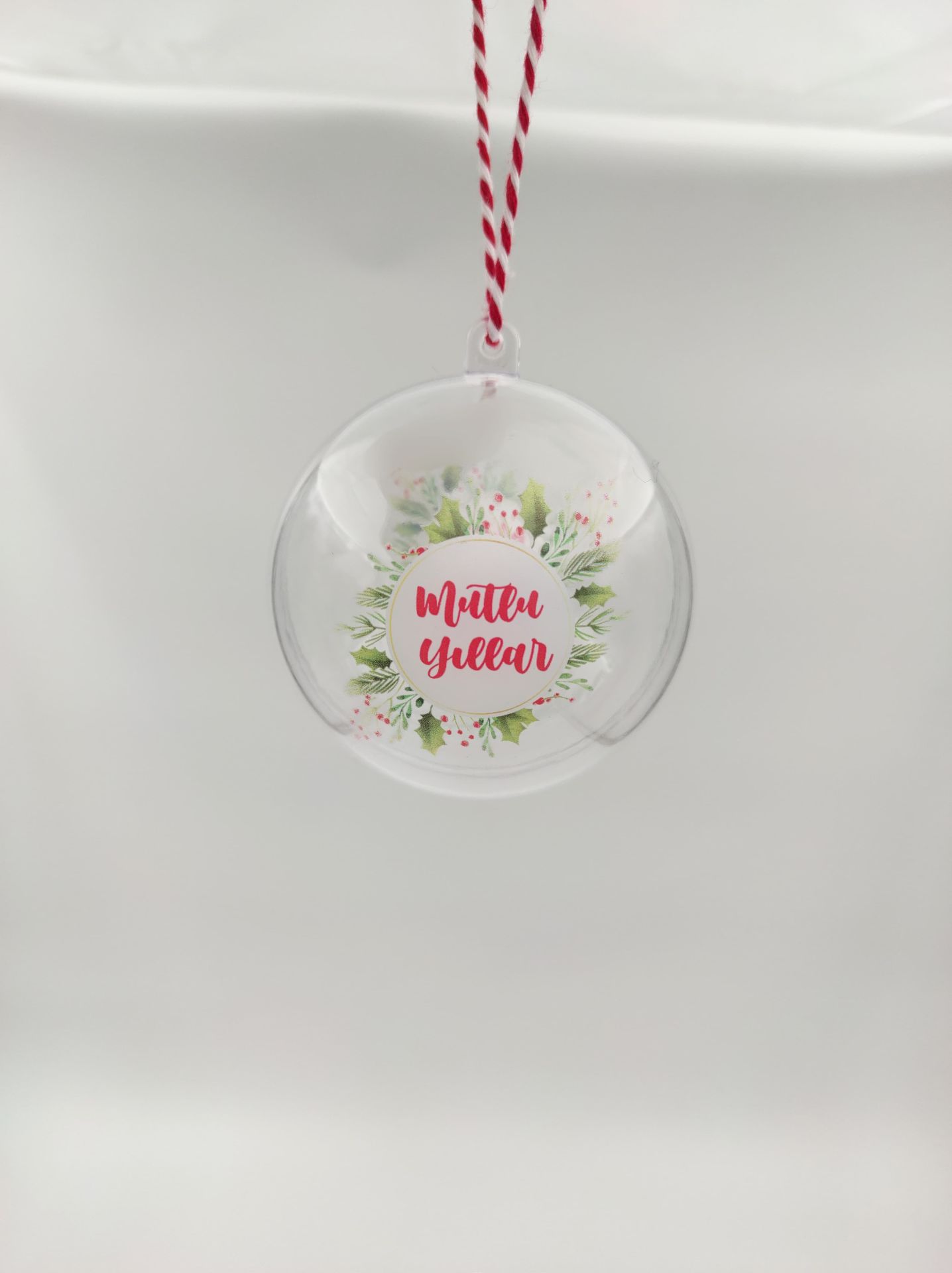 Yeniyıl Yılbaşı Baskılı Şeffaf Mika Küre Top - Asılabilir - 8 cm 2 Adet