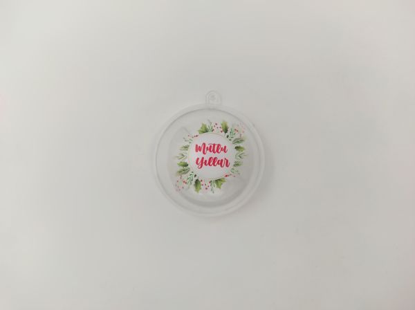 Yeniyıl Yılbaşı Baskılı Şeffaf Mika Küre Top - Asılabilir - 8 cm 2 Adet