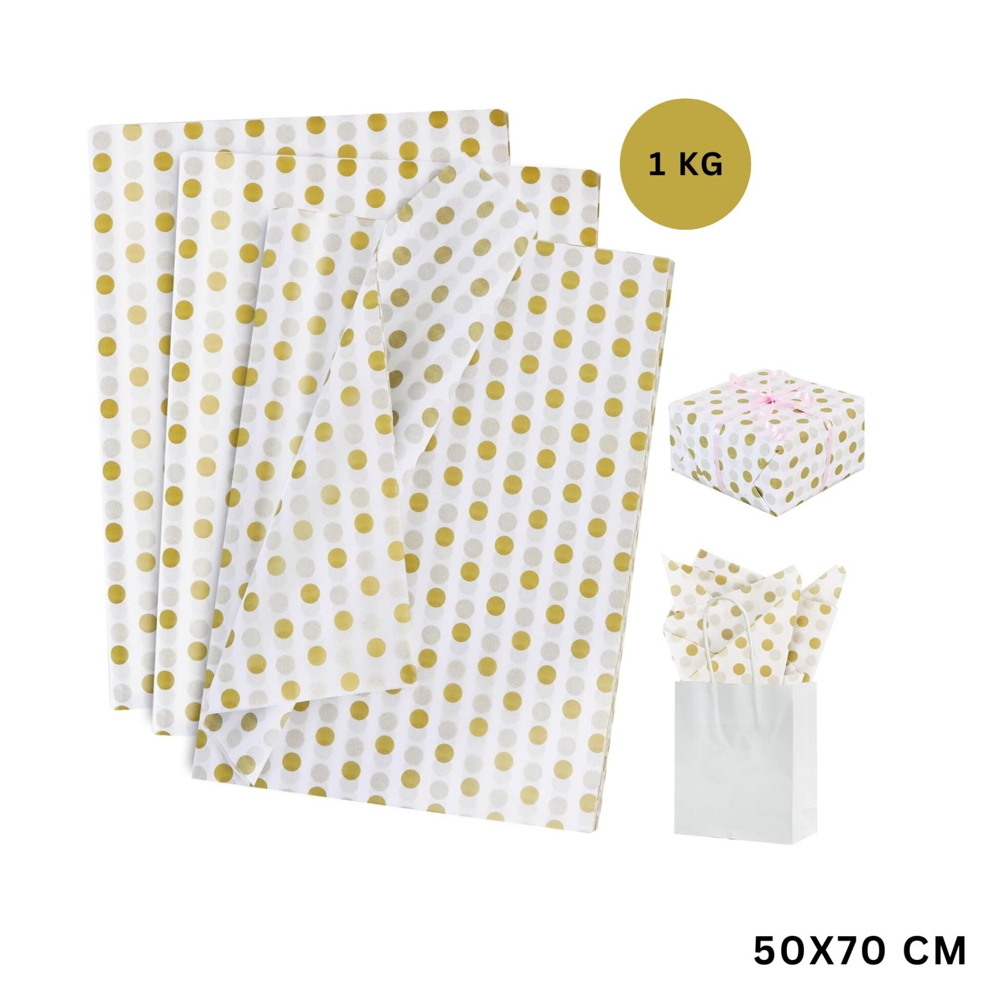 Altın Puantiyeli Pelur Kağıt, Dekoratif Hediye Paketleme ve Ambalaj Kağıdı 50x70 Cm, 1 Kg ~ 135 Adet